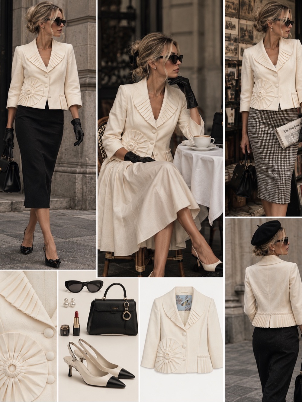 Tabitha Ivory Wool Blend Pleated Rosette Blazer Jacket Size 2